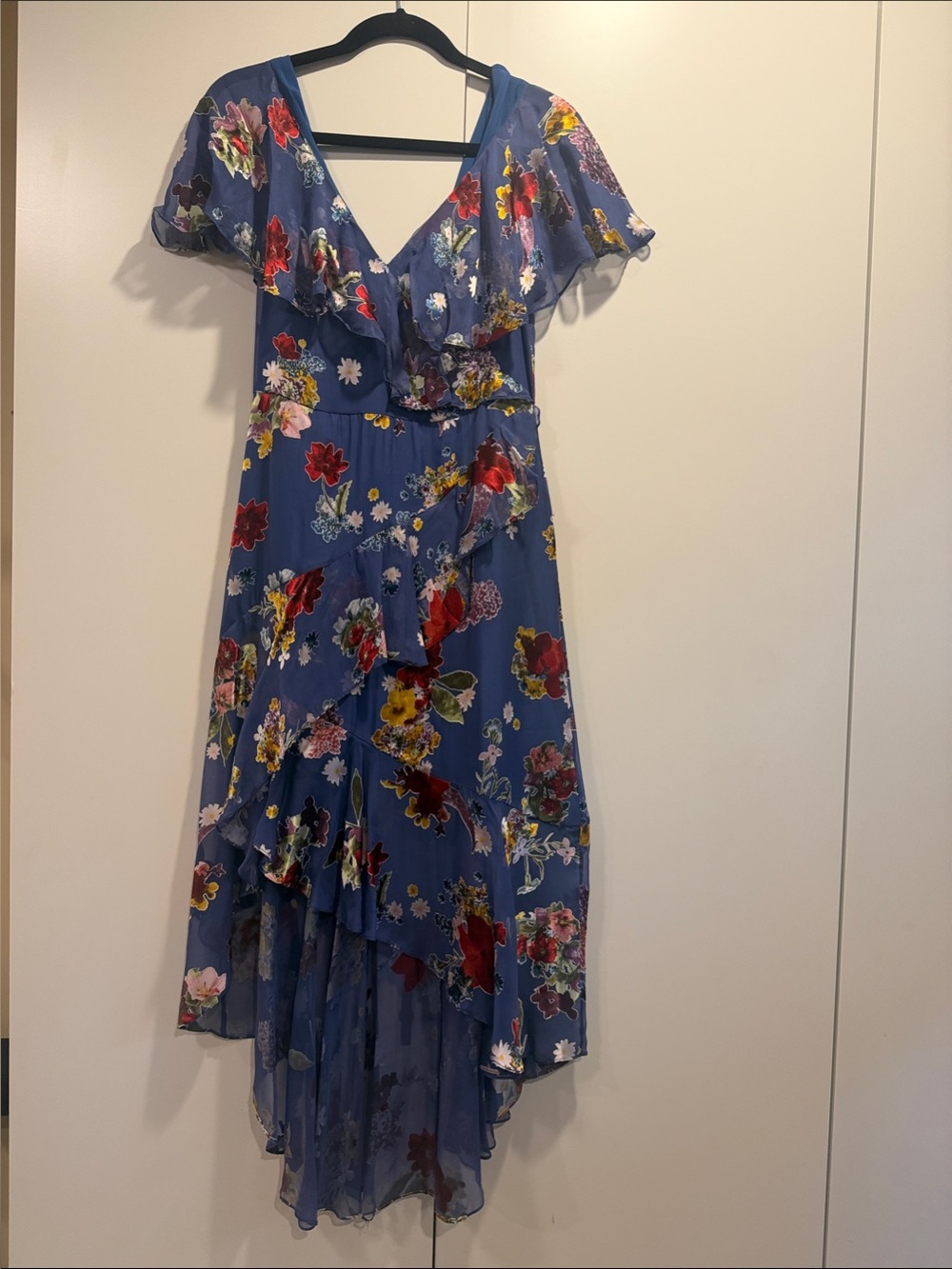 Alice + Olivia Blue Floral High-Low Ruffle Dress
